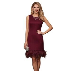 Maia Burgundy Feather Trim Mini Cocktail Dress 2 Sheath Stretch Flirty Fun